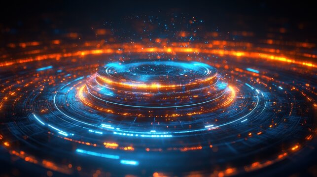 Futuristic digital interface with glowing blue and orange circular patterns.