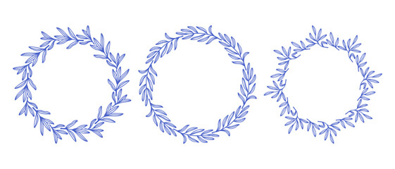 Mediterranean blue olive branches circle frame set. Hand drawn round line border, leaves and flowers, wedding invitation and cards, logo design and posters template. Elegant minimal style floral set