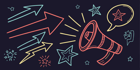 Neon Glowing Doodles: High-Contrast Arrows, Stars & Speech Bubbles on Black