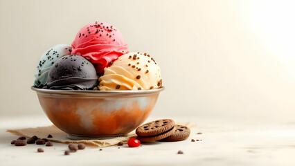 Delicious Ice Cream Scoops in Bowl with Cookies and Chocolate Chips