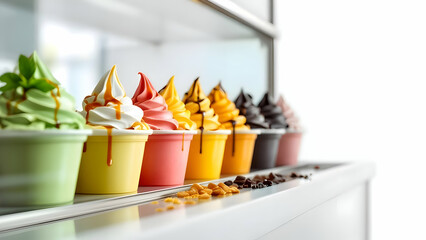 Colorful Assorted Frozen Yogurt Cups with Toppings in a Display Case