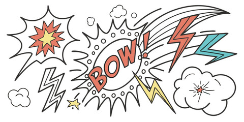 Obraz premium Colorful Comic Chaos: Bold Red, Yellow, Blue & Green Sketch Elements in Playful Arrangement