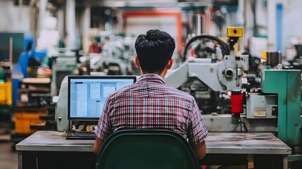 Businessman Sitting at Desk Working on Computer in Manufacturing Facility