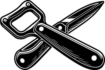 High-quality vector illustration featuring a variety of cutting and chopping tools, including knives, cleavers, axes, and scissors. Perfect for use in kitchenware branding, culinary websites, recipe b