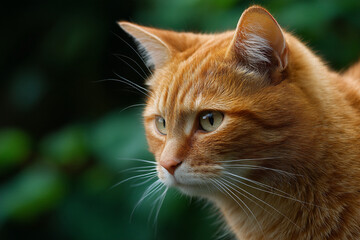 Close-up of orange cat profile, showcasing ginger fur texture and alert gaze, representing feline grace, wildness, and independence