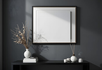 Minimalist Console Table Decor with White Vase and Framed Art on Dark Wall