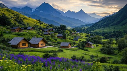 Obraz premium Picturesque mountain valley with wooden houses. Lush green hills, wildflowers, and towering peaks