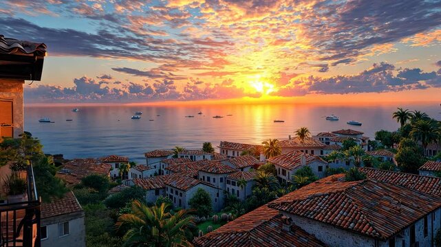 Coastal village at sunset with terracotta roofs.