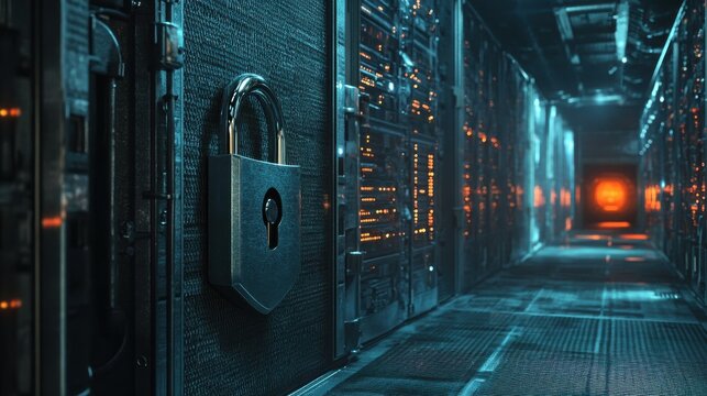 Metal padlock in a data center, safeguarding sensitive information. illustration
