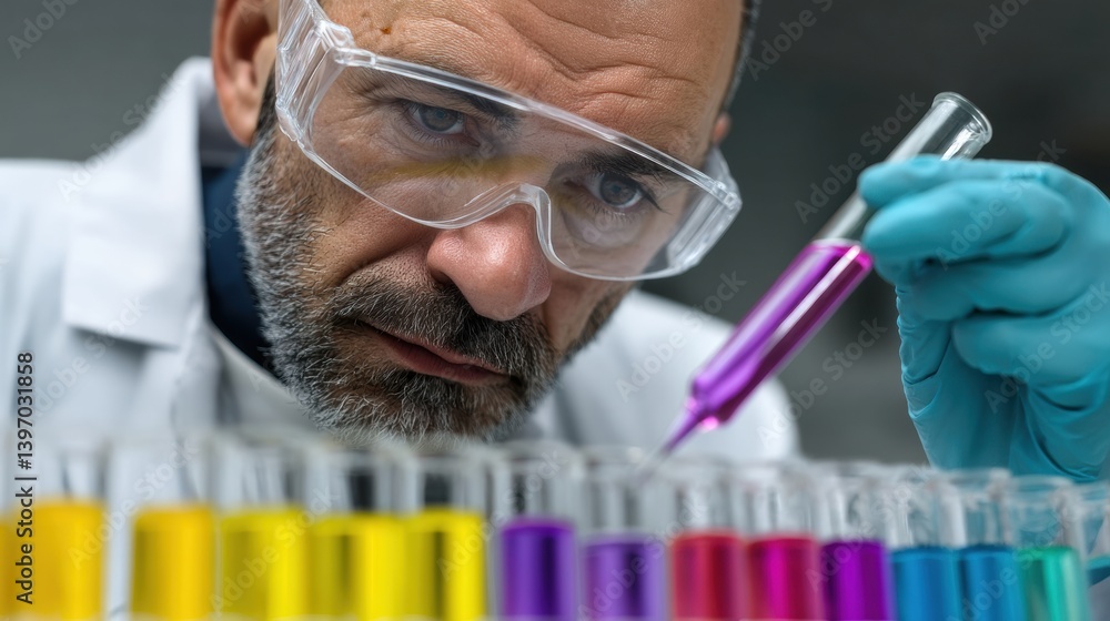 Poster scientist analyzing colorful liquids in laboratory test tubes.