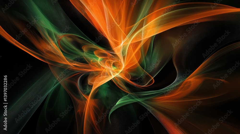 Poster abstract smoke in orange and green tones swirls gracefully against a black background, creating a me