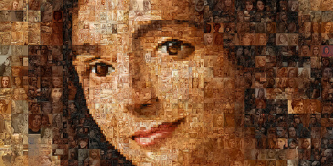 Mosaic portrait composed of numerous smaller faces, creating a larger, detailed image.  Illustrates unity, diversity, and the collective whole.