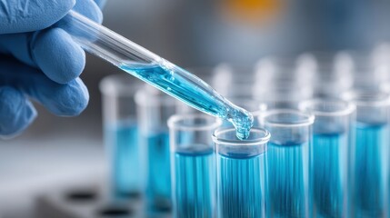 Laboratory hand pipetting liquid into test tubes.