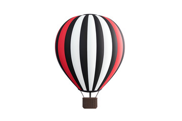 Fototapeta premium A colorful hot air balloon featuring alternating stripes of red, black, and white, with a woven basket at the bottom.