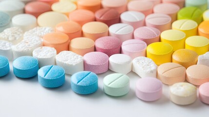 Colorful Assortment of Round Pills and Tablets Arranged Neatly