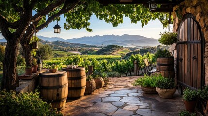 Picturesque vineyard patio with wooden barrels