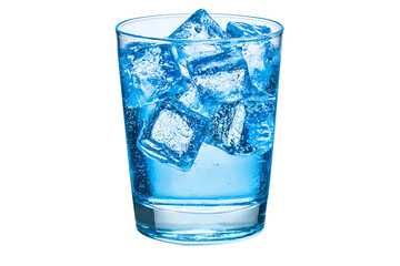A glass filled with blue liquid and ice cubes, creating a refreshing and vibrant appearance.