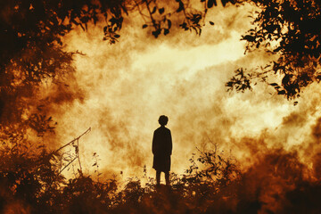 Fototapeta premium Silhouette of a person standing amidst dense fog and smoke in a forest during twilight