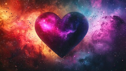 A cosmic heart floats amidst a vibrant nebula.