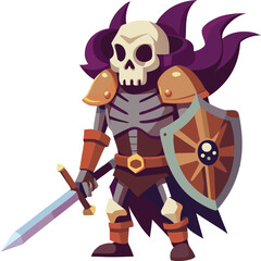 Skeleton in armor with sword and shield. Creepy undead fighter in flat vector style for fantasy and horror games.