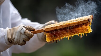 Honey extraction with smoke in beekeeping process.