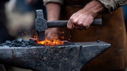 Craftsman forging metal with hammer and anvil sparks flying.