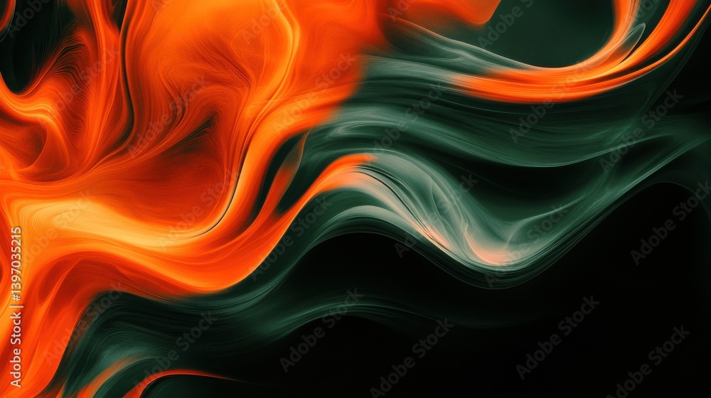 Poster abstract smoke in orange and green tones swirls gracefully against a black background, creating a me