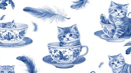 Naklejka premium A decorative pattern featuring blue and white illustrations of kittens in teacups, along with feathers. The style is delicate and whimsical, with a vintage or antique feel.