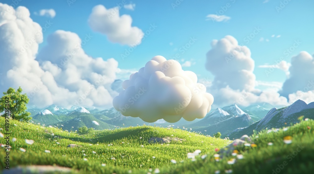 Poster a large white cloud is floating in the sky above a lush green field. the scene is peaceful and seren