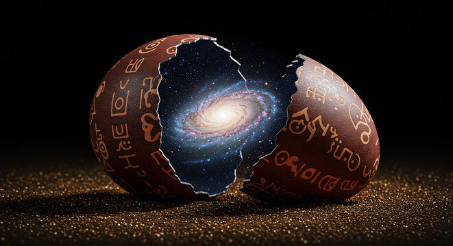 Easter in Space, Cracked egg revealing a swirling galaxy inside on a sparkling surface