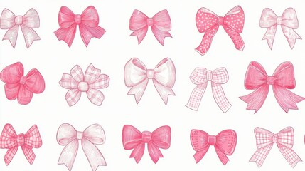 An illustration of various red and pink bows arranged in a pattern against a light background. The bows come in different styles and designs, some with polka dots, stripes, and gingham patterns