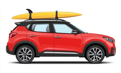 Obraz premium A sleek, flat design illustration featuring an SUV with luggage, set in an abstract tropical landscape