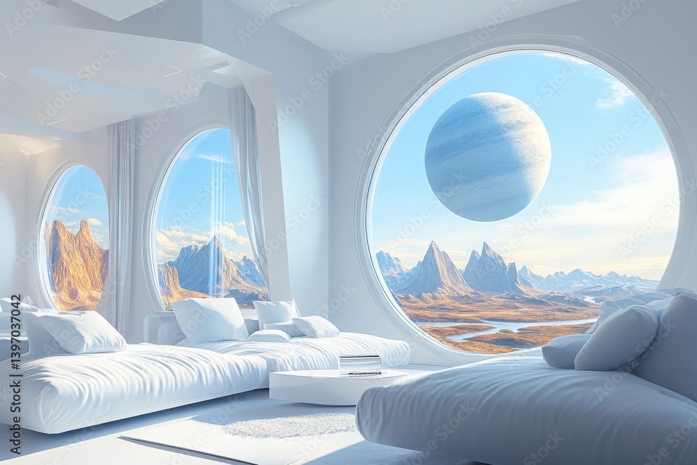 Poster a white room with a large window that shows a beautiful view of mountains and a large planet in the 