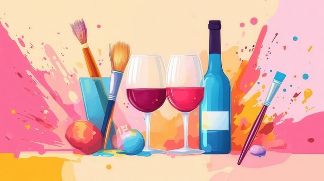 Art and wine night banner with paintbrushes, wine glasses, and creative splashes of color, ready to advertise summer sip and paint deals illustration