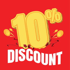 10% Discount with Bold Coin Effect and Cracked, Shaking Background on Red