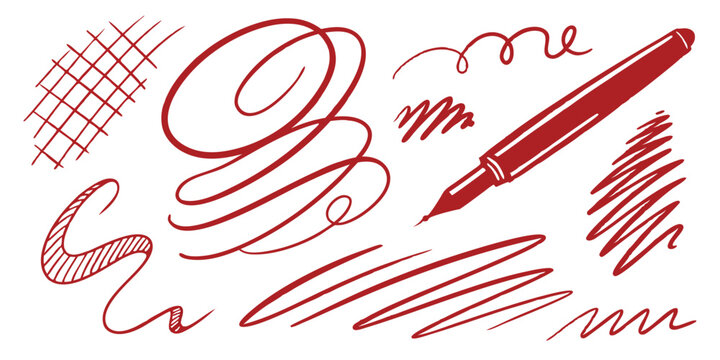 Dynamic Red Ink Brushstrokes: Fluid Lines & Chaotic Scribbles in Varied Thickness