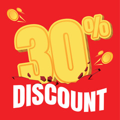 30% Discount with Bold Coin Effect and Cracked, Shaking Background on Red