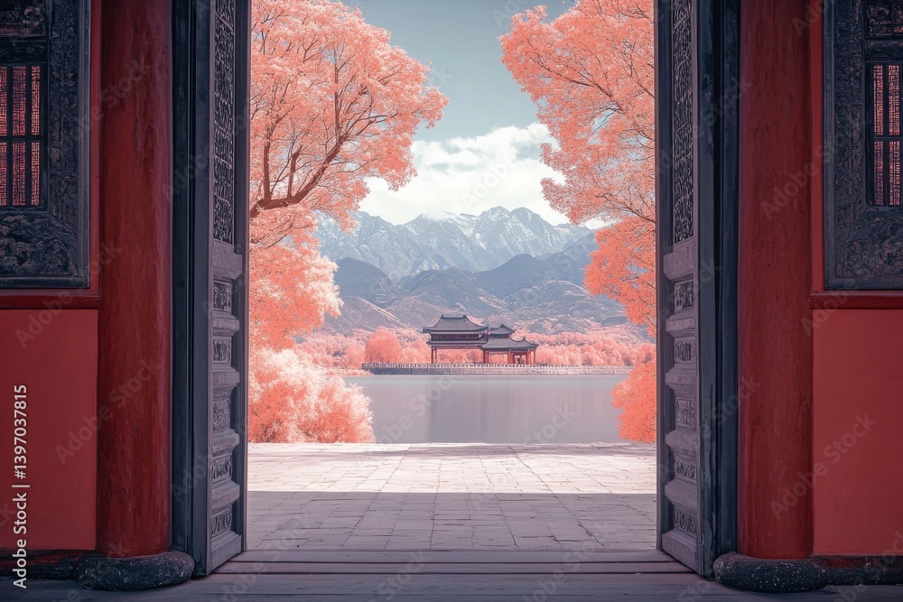 Poster a beautiful view of a mountain range and a lake with a red building in the background. the scene is 