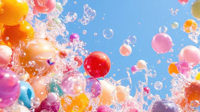 Colorful Water Splash with Bubbles and Floating Balls in Blue Sky