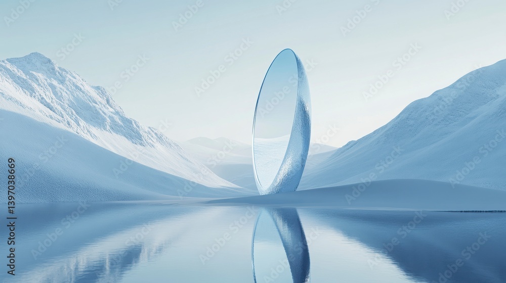 Poster a large, clear, circular object is floating in the middle of a lake surrounded by snow-covered mount