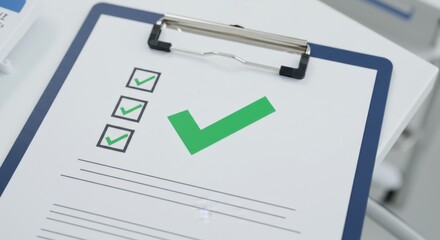 Close-up of checklist with green checkmarks