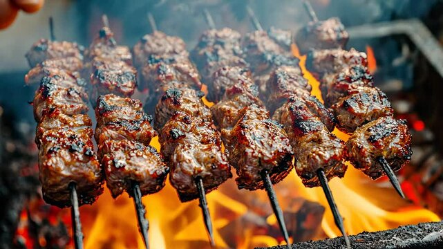 Grilled meat skewers over an open flame.