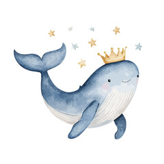 Fototapeta premium Majestic Ocean Ruler: An adorable blue whale, crowned with a regal golden crown and surrounded by twinkling stars, exudes a sense of playfulness and gentle power.