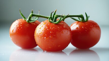 Fresh, ripe tomatoes on the vine with water droplets, resting on a smooth surface.