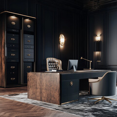 luxury office room with dark wood