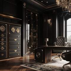 luxury office room with dark wood
