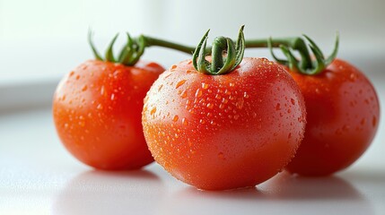 Fresh tomatoes with water droplets on a white surface, showcasing their vibrant red color and green stems.