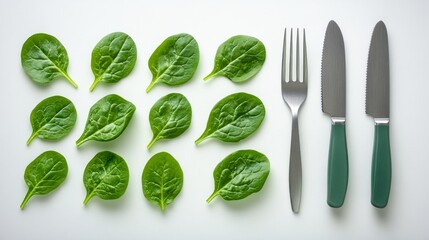 Obraz premium Fresh green baby spinach leaves are attractively laid out in a flat lay on white, highlighting their vibrant appearance