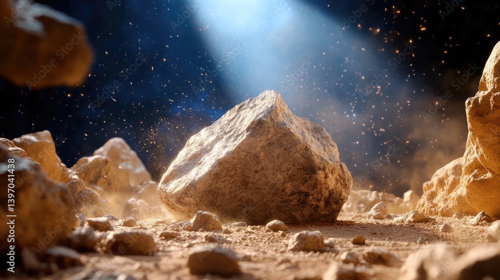Poster rock surrounded by dust particles in soft ambient light environment