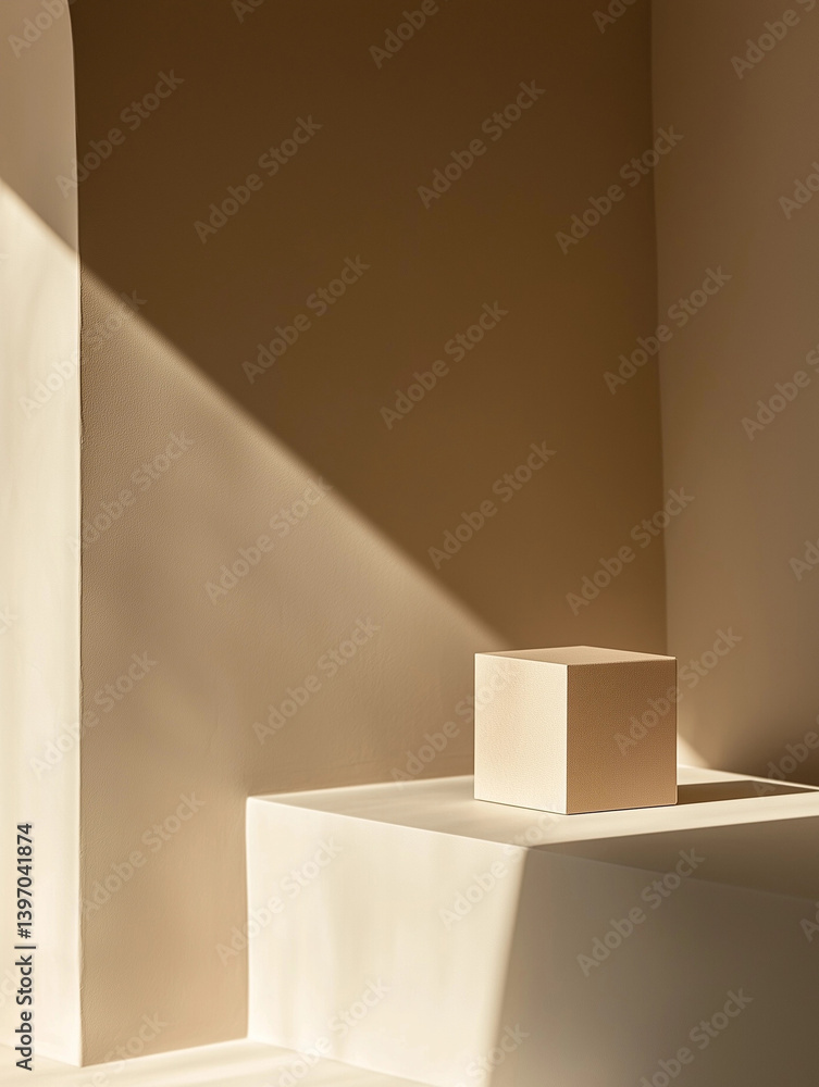 Poster minimalist packaging box displayed in a modern geometric setting with soft natural lighting and subt
